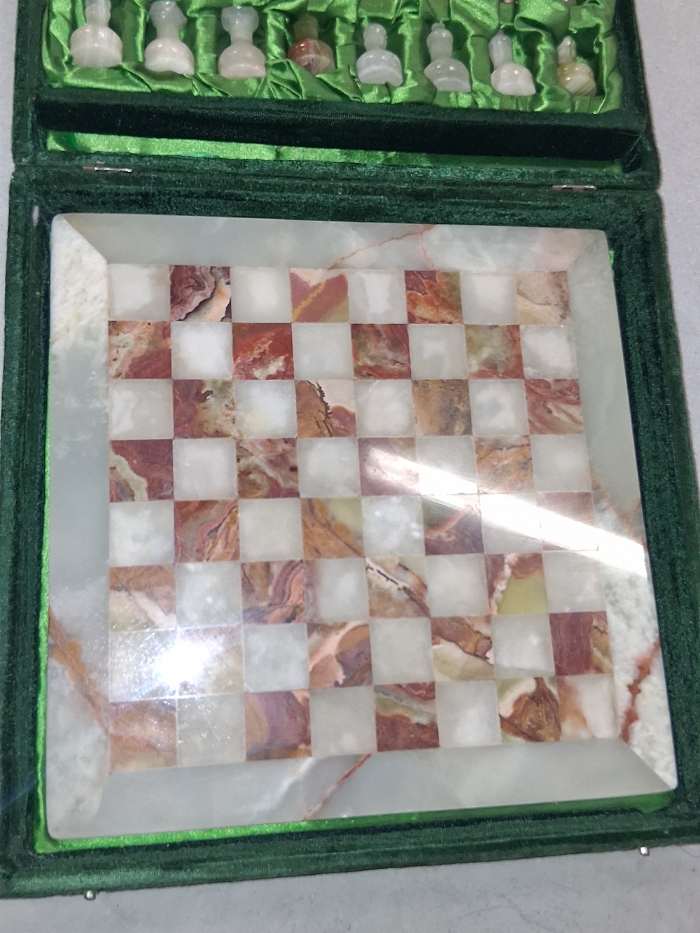 Green Satin Chess Set with Mixed Stone Pieces 11.5lbs Source Unknown